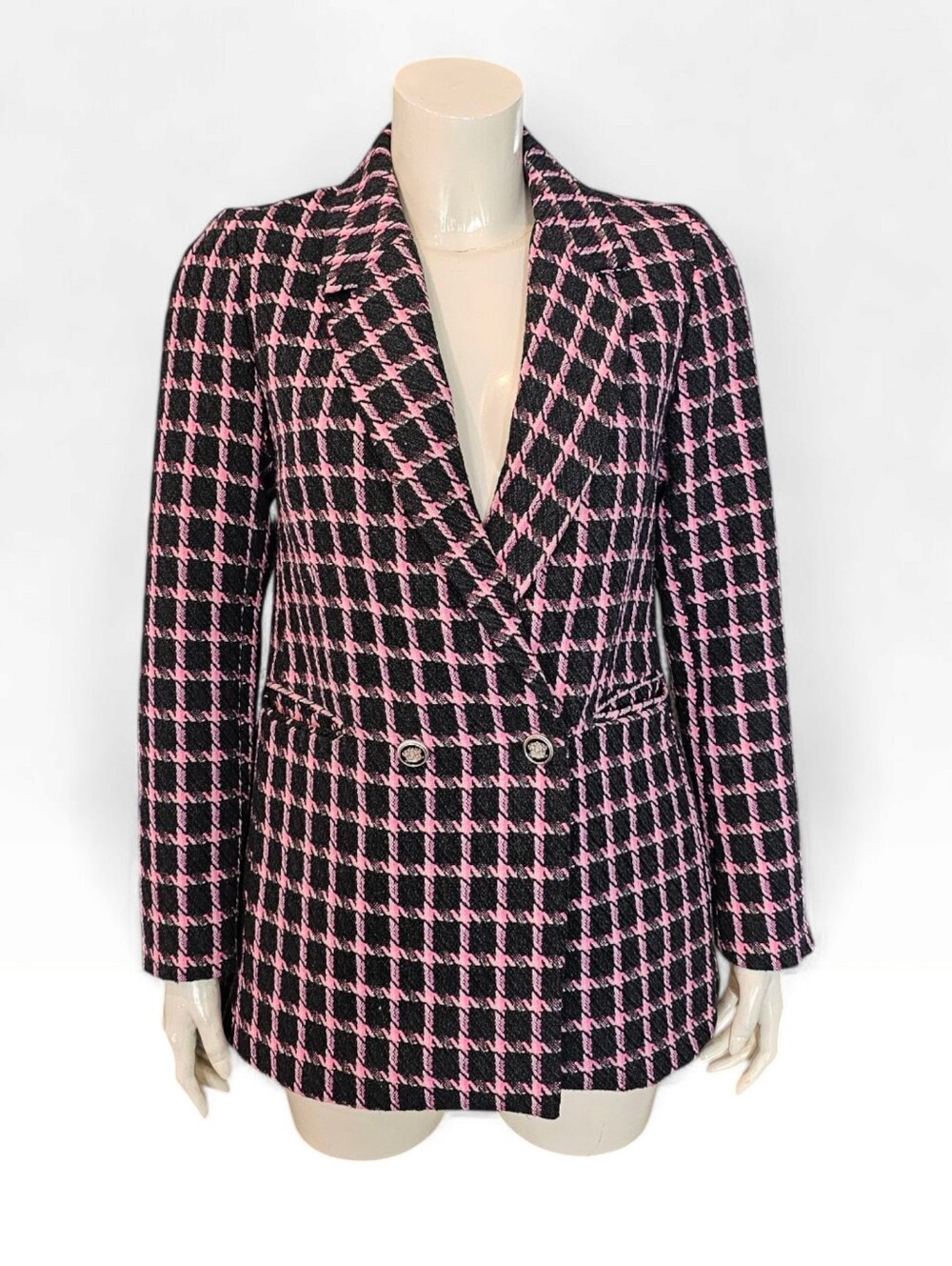 RACHEL ZOE Black Pink Tweed Wool Blend Check Double Breasted Blazer S
